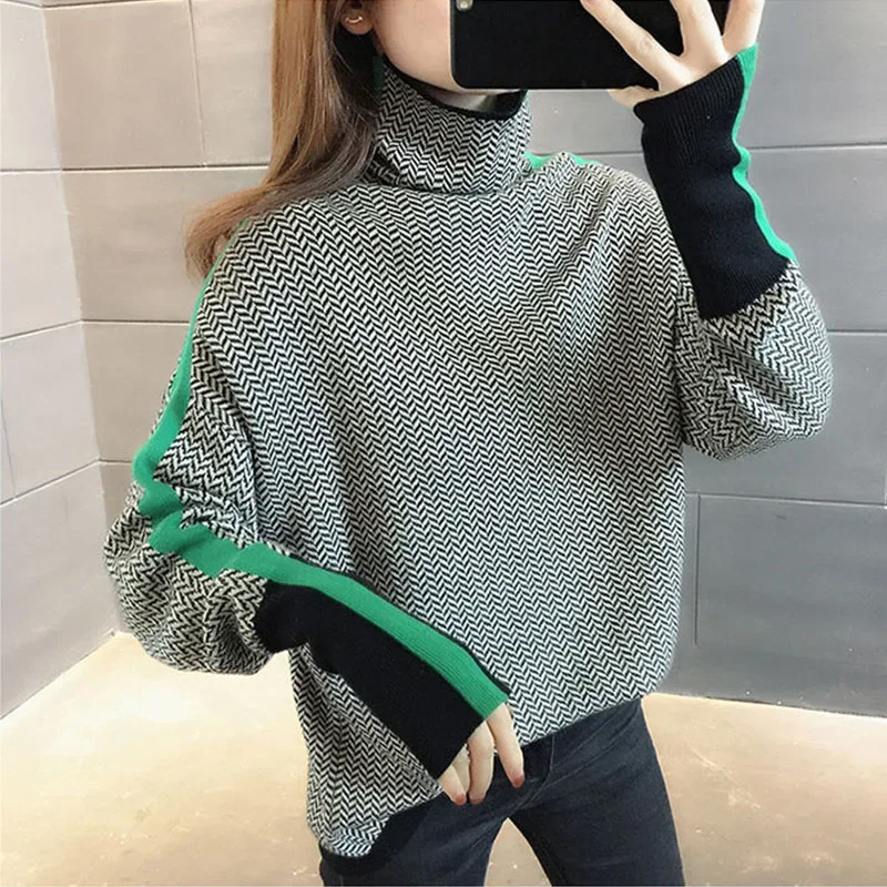 Autumn and winter new retro checkerboard letter jacquard high neck soft glutinous pullover knitted sweater for women