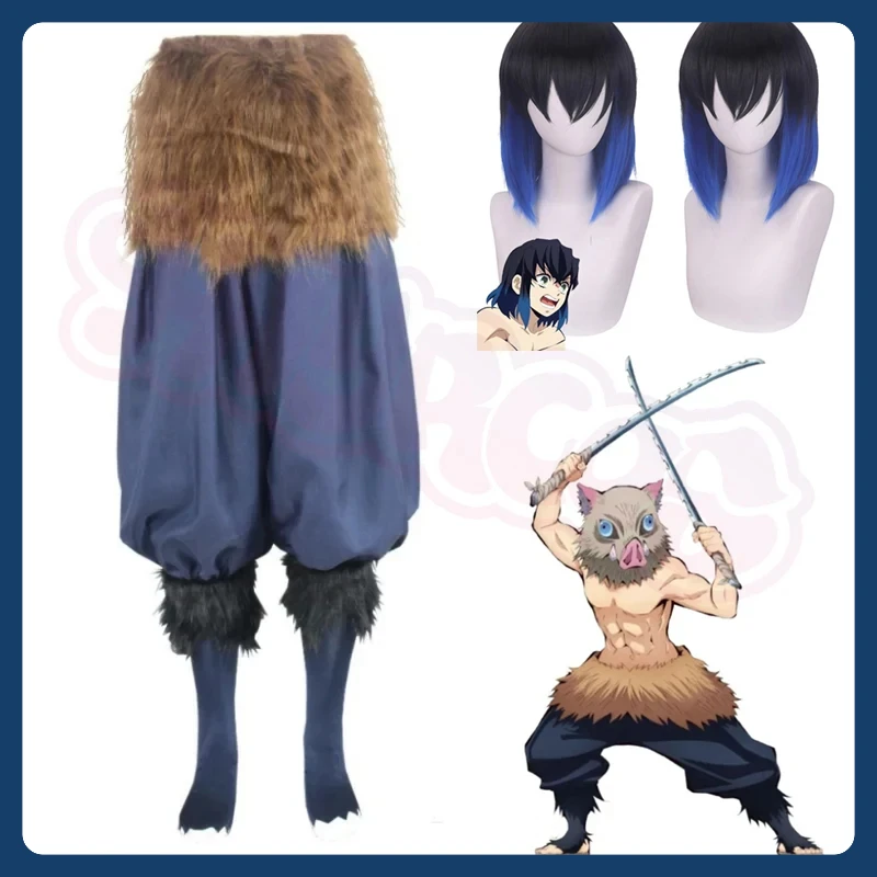 Anime Demon Hashibira Inosuke Cosplay Costume Slayer add Wigs Package Pants Fancy Kimetsu No Yaiba Dress Pants and Apron Masks