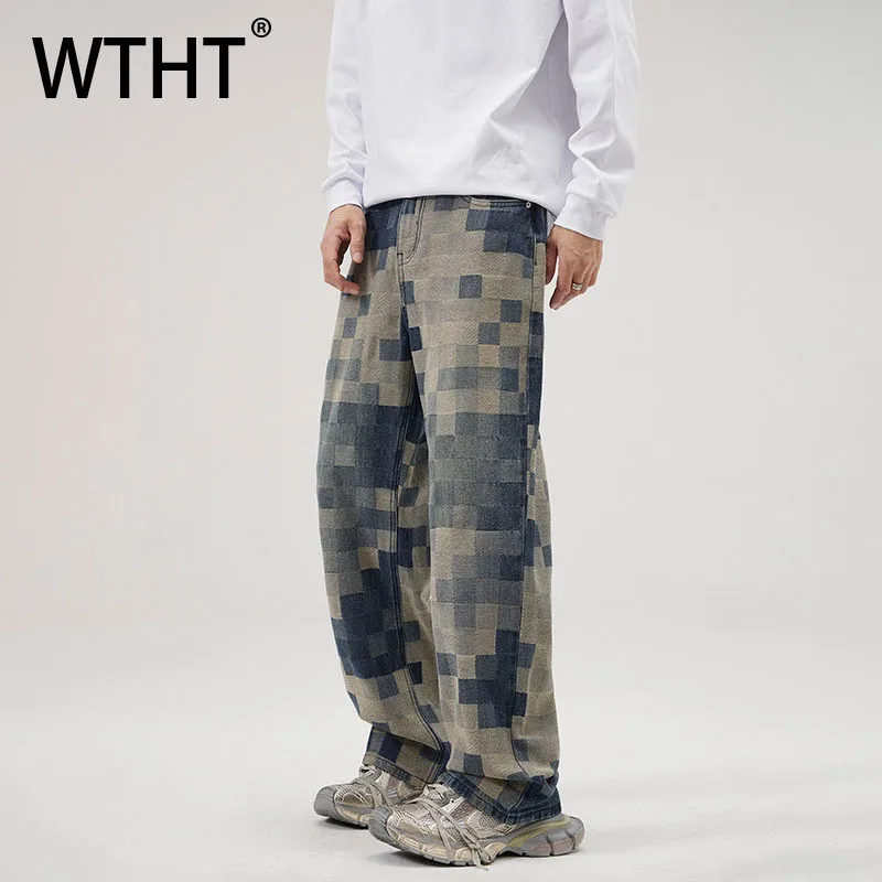 

WTHT Fashion 2025 Autumn Men's Plaid Print Do Old Design Denim Pants Vintage High Street Straight Loose Jeans Male 2A2307