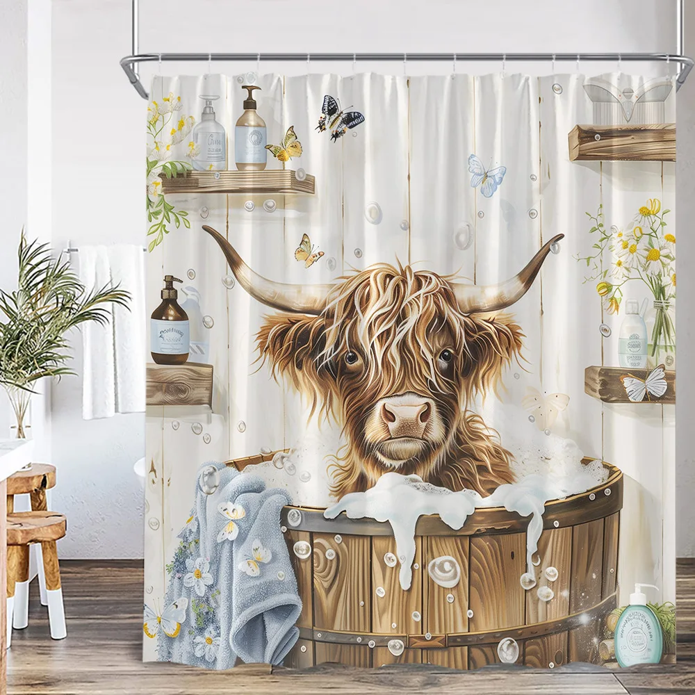 Funny Animals Bathing Shower Curtains Highland Cow Pigs Rabbits Dogs Bathtub Bathroom Decor Polyester Bath Curtains with Hooks