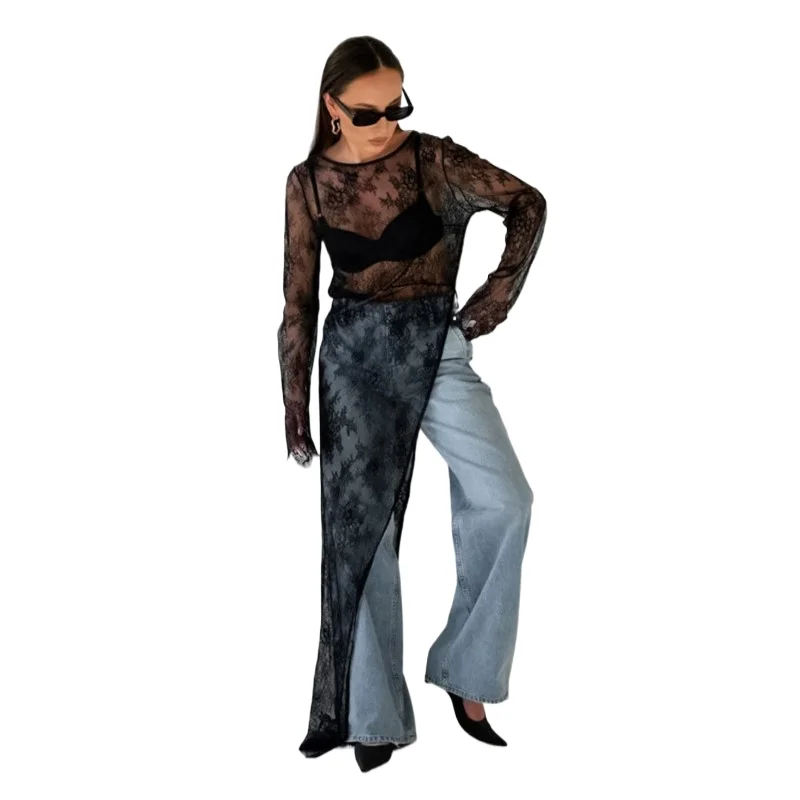 

Women's Fashion See-through Sexy Long Shirt Women's Long Sleeve Irregular Lace Pullover High Street Women's Versatile Dress 2024