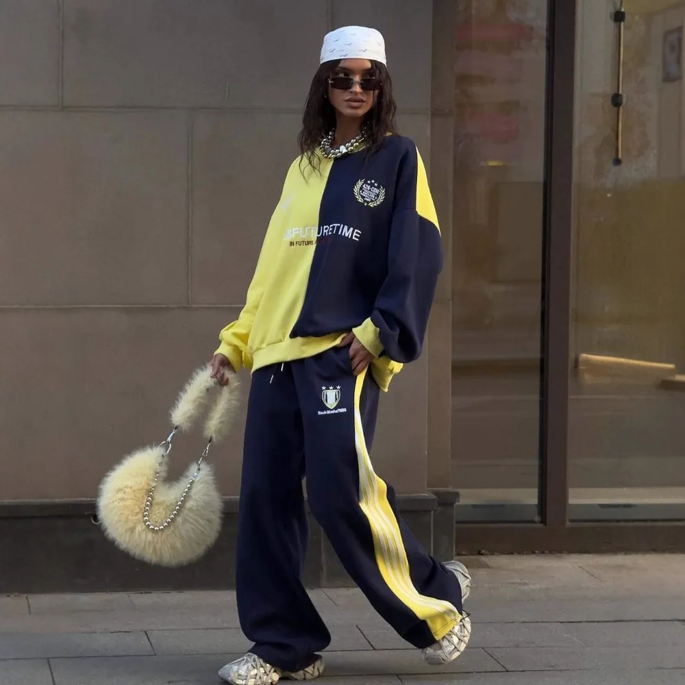 

Толстовка контрастного цвета, спортивные брюки, костюм на осень и зиму, женская мода, уличный повседневный свитер для танцев Y2K, широкие брюки, 2 шт.