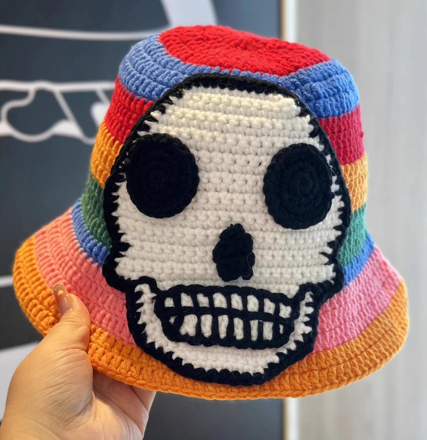 Skelett Stickerei Fischer Hut Winter handgemachte häkeln gestrickt Unisex Hip Hop Eimer Hut runde Becken Hut Halloween kalte Kappe – Detail 6