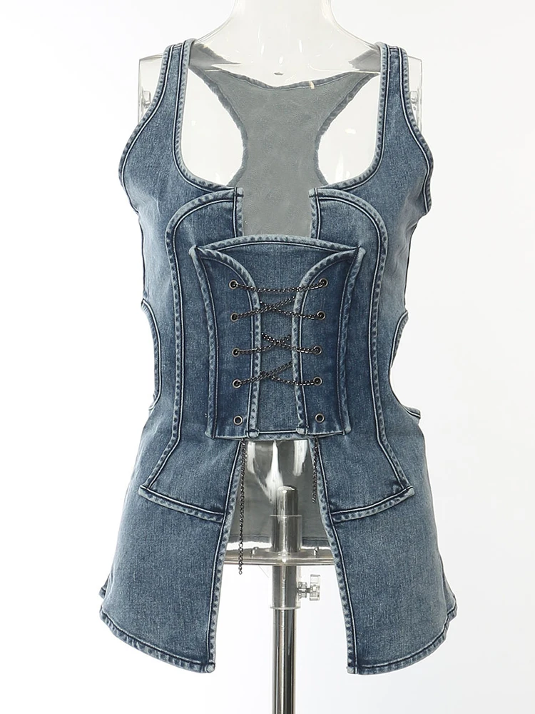 DEAT moda donna Denim canotte senza maniche vita scava fuori Slim Lace-up Patchwork Streetwear gilet estate 2024 nuovo 1 dh5121