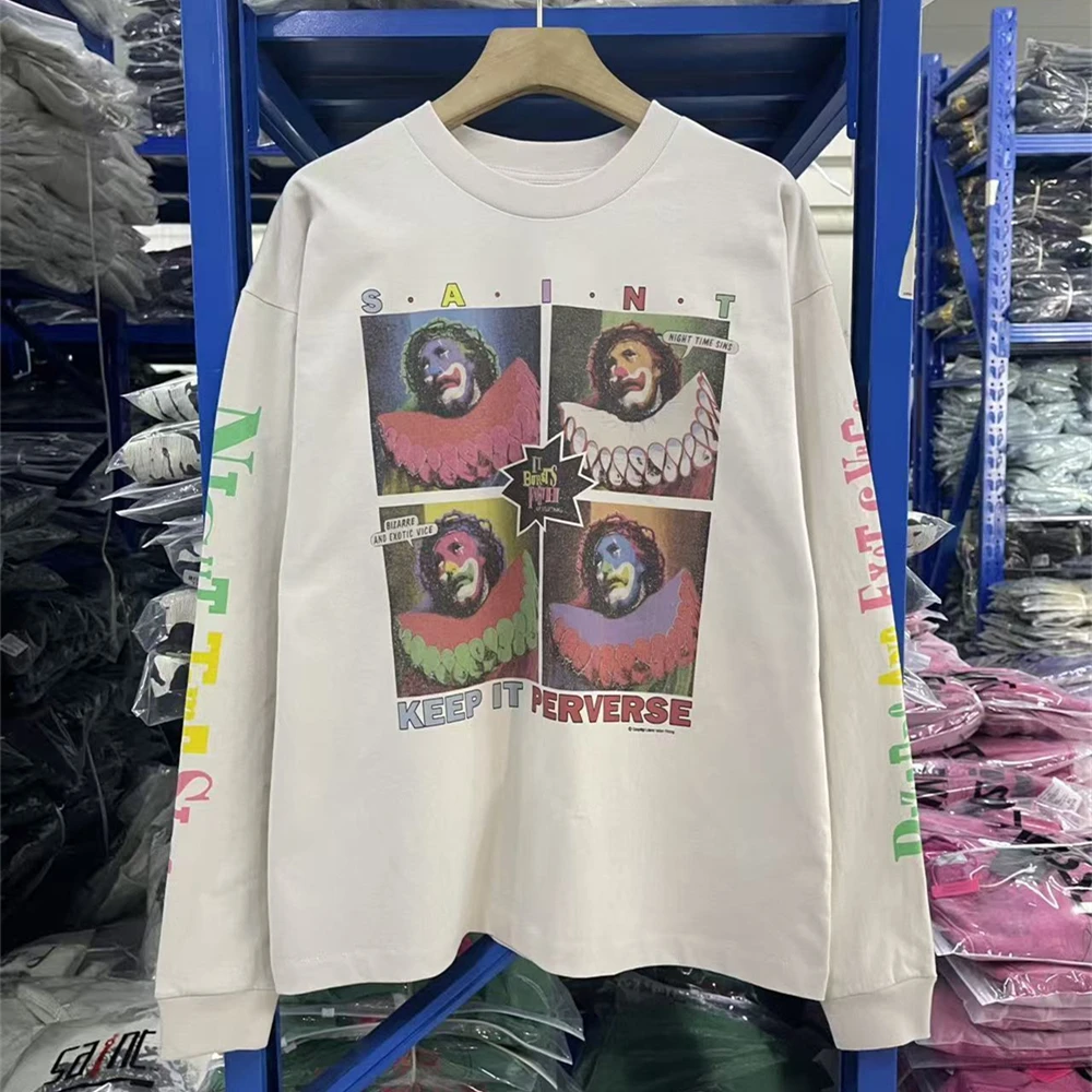 

Футболка с длинными рукавами SAINT Jesus FW25 с четырьмя сетками и принтом для мужчин и женщин, футболки высокого качества, футболки
