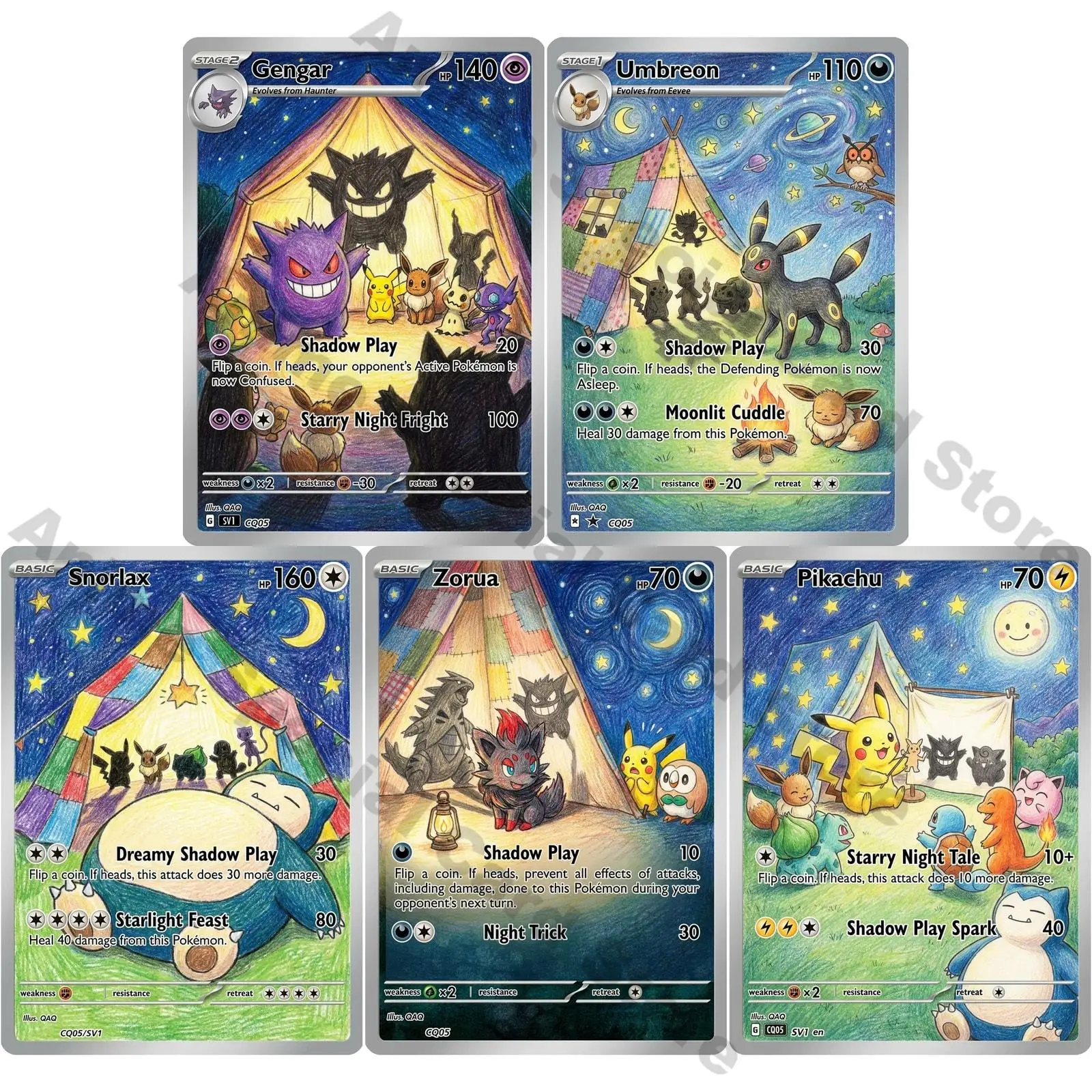 5Pcs PTCG Cards Gengar Umbreon Snorlax Zorua Custom PTCG Cards PTCG Gift Childrens Colored Pencil Art Style Starry