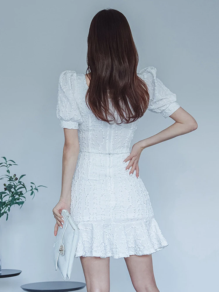 New Korean Summer Sexy 2 Piece Outfits Women Retro Puff Sleeve Short Cropped Tops Shirt Blouse High Waist Mini Skirt Mujer Set