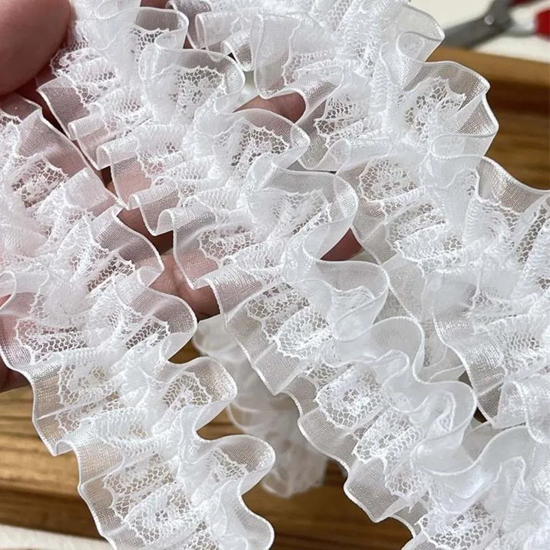 

20Yards White Pleated Elastic Tulle Lace Folded Fabric Embroidered Ribbon Trim 3d Collar Applique For DIY Sewing