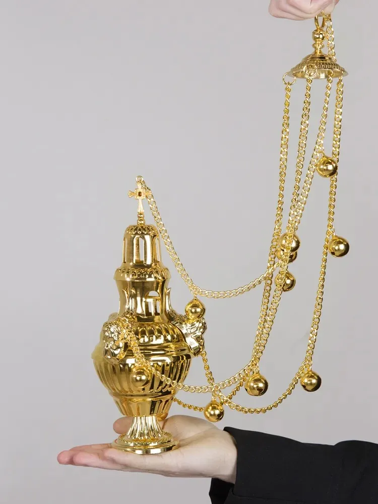 HTISOK Orthodoxes Räuchergefäß mit Kette und Glocken aus Zinklegierung, vergoldet, für Kirchenaltarzeremonien, mit traditionellem Design. – Detail 3