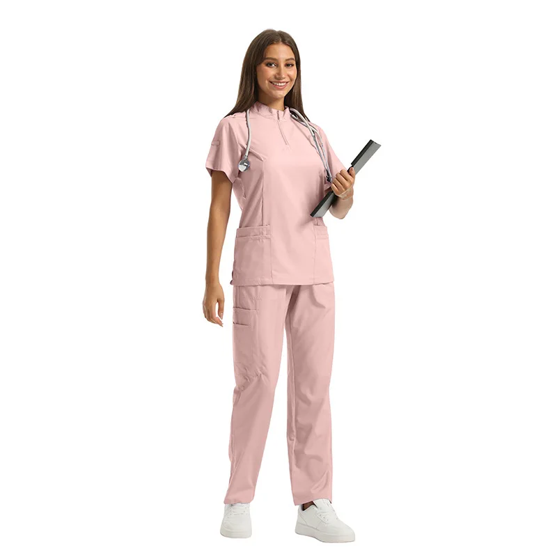 Zip Stand Collar Scrub Set, Short Sleeve Medical Top Drawstring Straight Pants Multi Pocket Stretch Uniform for Healthcare Staff
