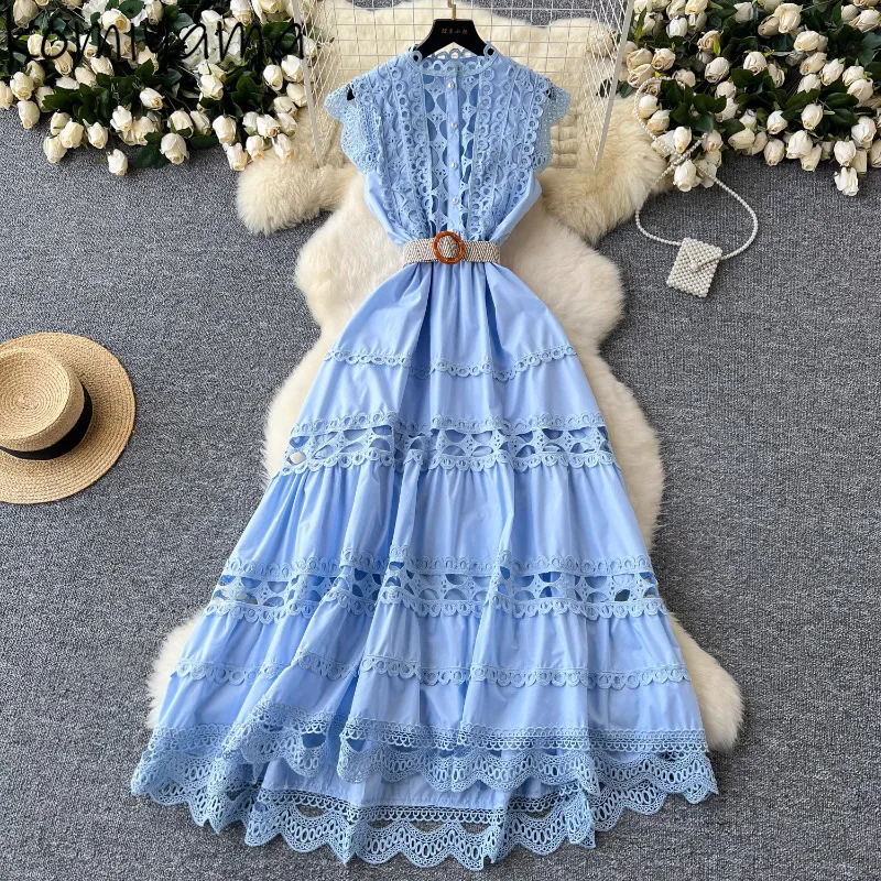 

Hollow Out Patchwork Lace Vestidos Mujer 2024 New Women Dresses High Waist Dress Sleeveless Vestido Summer Elegant Robes