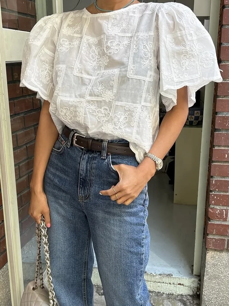 

Шикарная женская блузка с круглым вырезом, рукавами-фонариками и вышивкой, свободного кроя, в корейском стиле, из смесового хлопка, с эффектом омоложения и волнистым узором