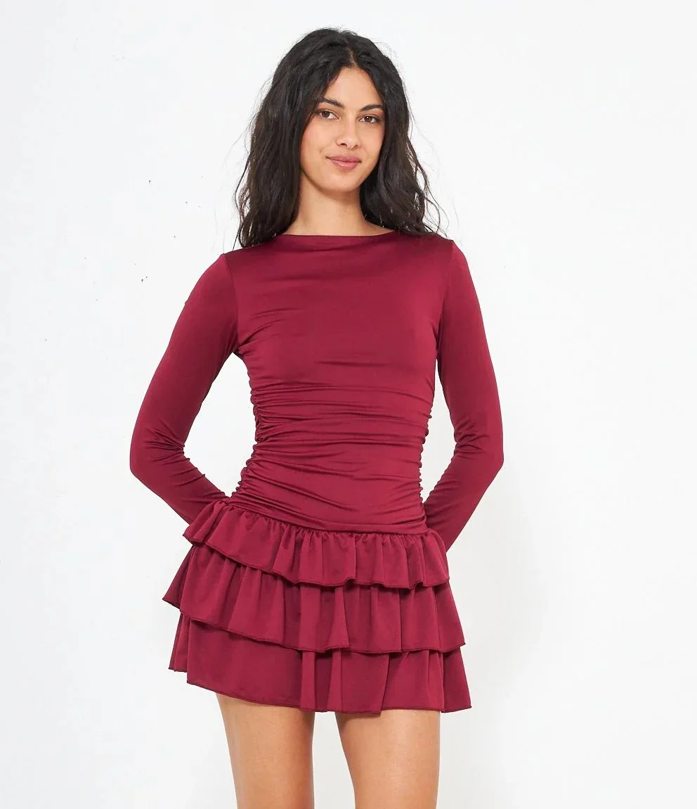 Damen-Kleid mit Rundhalsausschnitt und langen Ärmeln, figurbetont, mit geraffter Taille, mehrlagigem Rüschenrock, schmal geschnitten, Minikleid, lässig, Streetwear, Club, Party – Detail 16