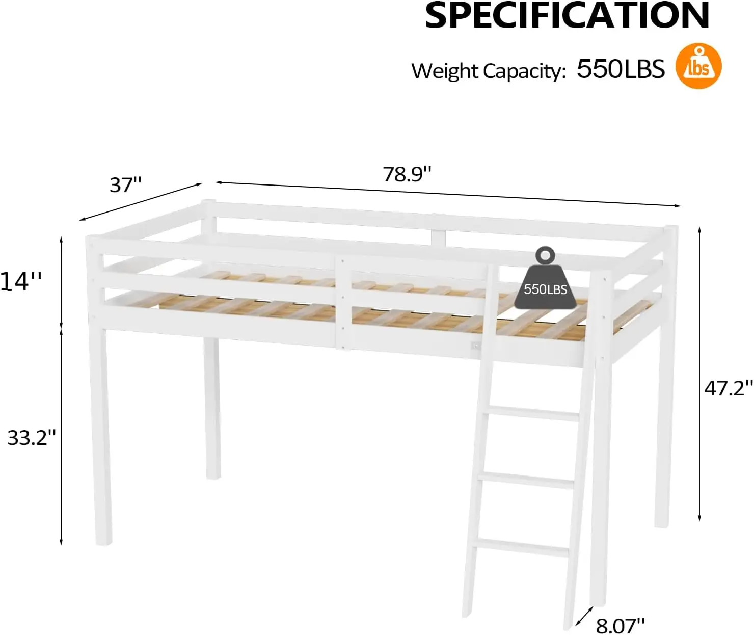 47'' Tall Junior Low Loft Bed with Stairs, White Wood Loft Bed Twin Size for Adults, Kids and Young Teens, No Box Spring