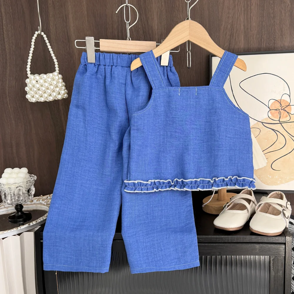 Summer Kids Clothes Korean Version Fashion 3-7Y Girls Blue Imitation Denim Bow Print Sleeveless Tops+Pants 2 Pcs Set