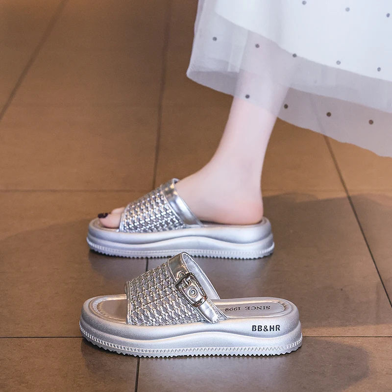 Women's versatile flat fashion slides solid one strap open toe sandals slip wear resistant casual slippers spring summer daily
