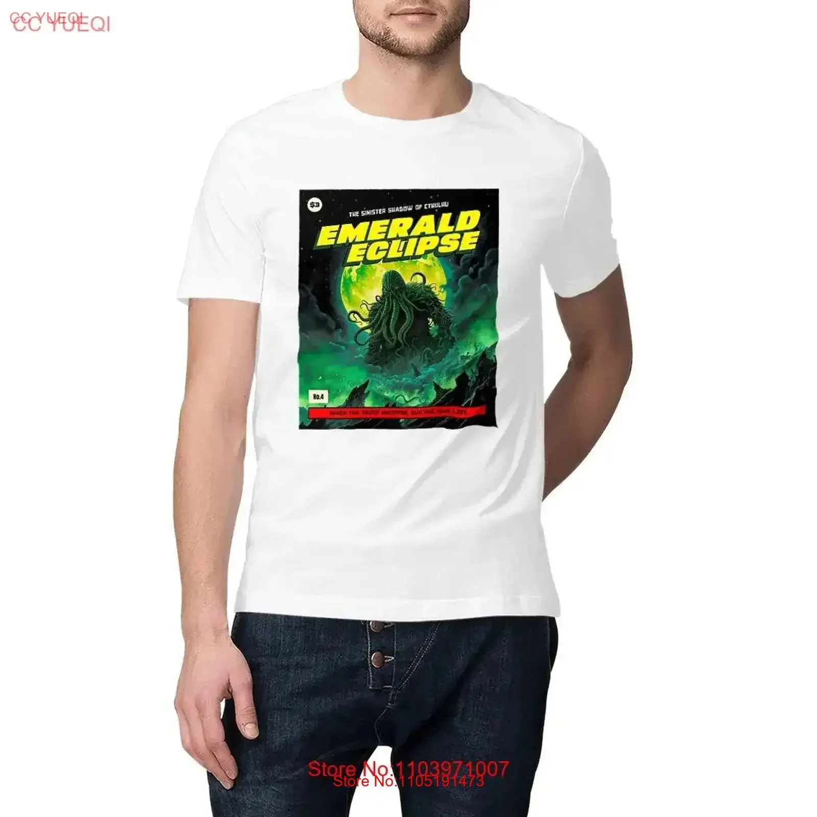 Emerald eclipse men's round neck T Shirt apparel for Lovecraft Cthulhu Cosmic Horror vintage Washed Unisex streetwear Versatile