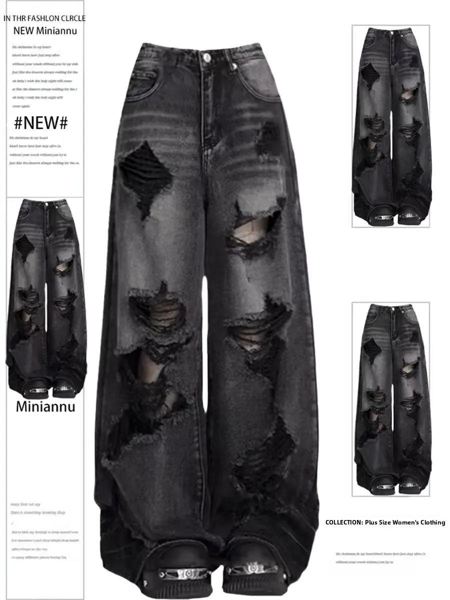 Original Heavyweight Black Grey Wide Leg Jeans Women Loose Bf Lazy Draped Large Size Floor-Length Denim Trousers High Waist Z...