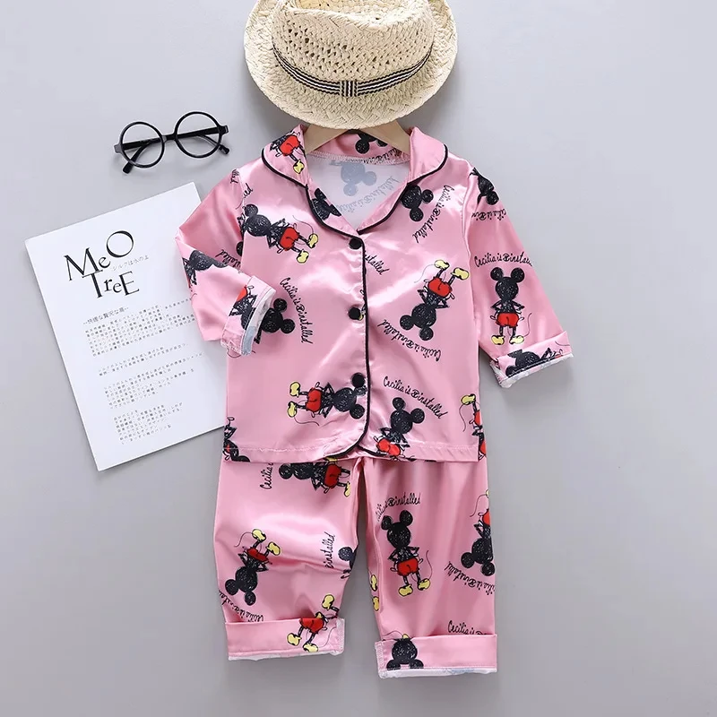 Spring New Toddler Boys Girls Disney Mickey Mouse Silk Satin Pajamas Set Tops+Pants 2pcs Children Cartoon Satin Sleepwear Suit