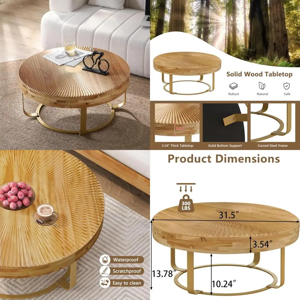 rustic gold round wood coffee table with radial pattern for living room and small side end table accents