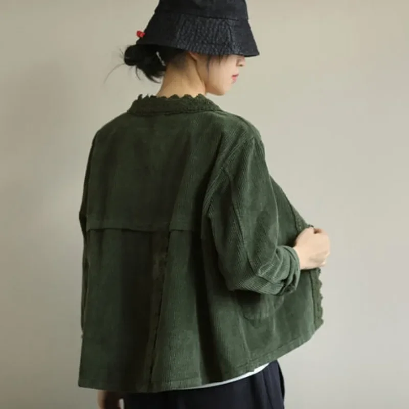 Chaquetas de pana de manga larga con borde de encaje para mujer, combina con todo, estilo coreano, elegante, liso, literario, Vintage, Popular de primavera