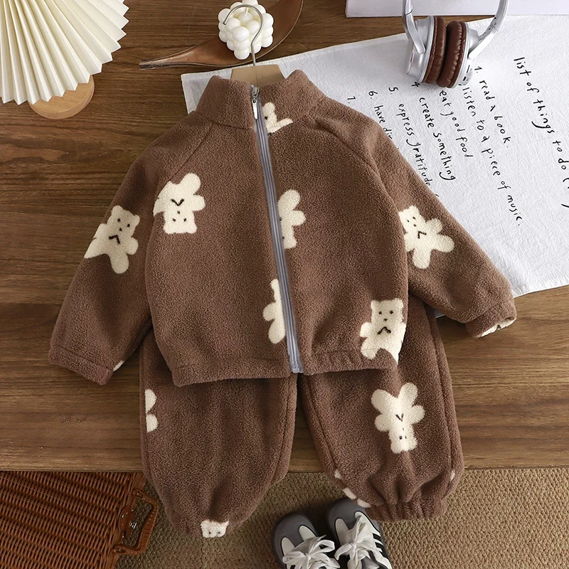 Winter 1-10Y Kids Home Clothes 2-Piece Suit Cartoon Print Top & Pants Fleece Warm Pajama Set Boys Girls Casual Sportswear  987