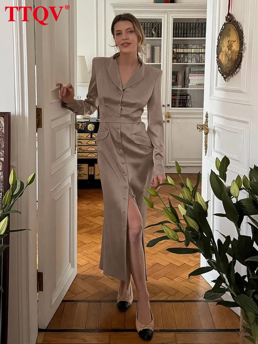 

TTQV Fashion Loose Khaki Satin Womens Dresses 2026 Spring Lapel Long Sleeve Ankle Length Dress Elegant Classic Slit Female Dress