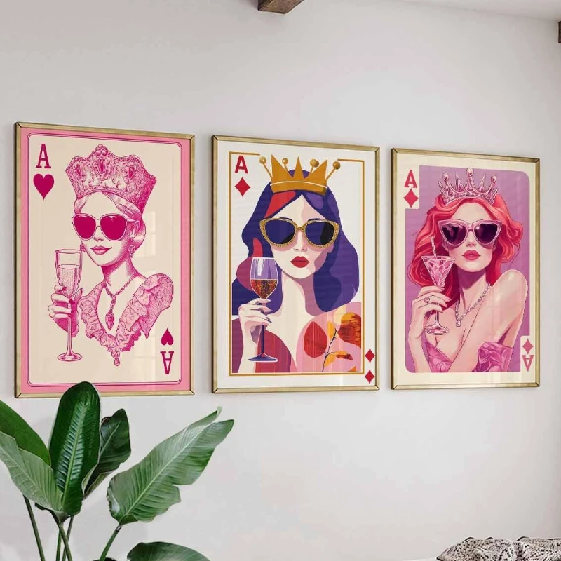 3pc Queen of Hearts Poster Glamorous Playing Card Art, Pink and Red Fashion Prints, Stylish Queen Illustrations, Modern Decor