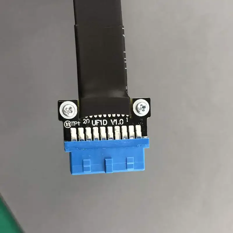 Fold 90 Degree Double USB 3.0 Type-A Female Socket To Internal 19Pin Type-E Blue Male Flat Extension Cable with Screw Hole 5Gbps