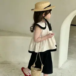 Girl Clothing Set 2023 Summer Korean Fashion Girls' Suit Double Collar Sleeveless Top+Wide-leg Pants Girl's Two Piece Suit