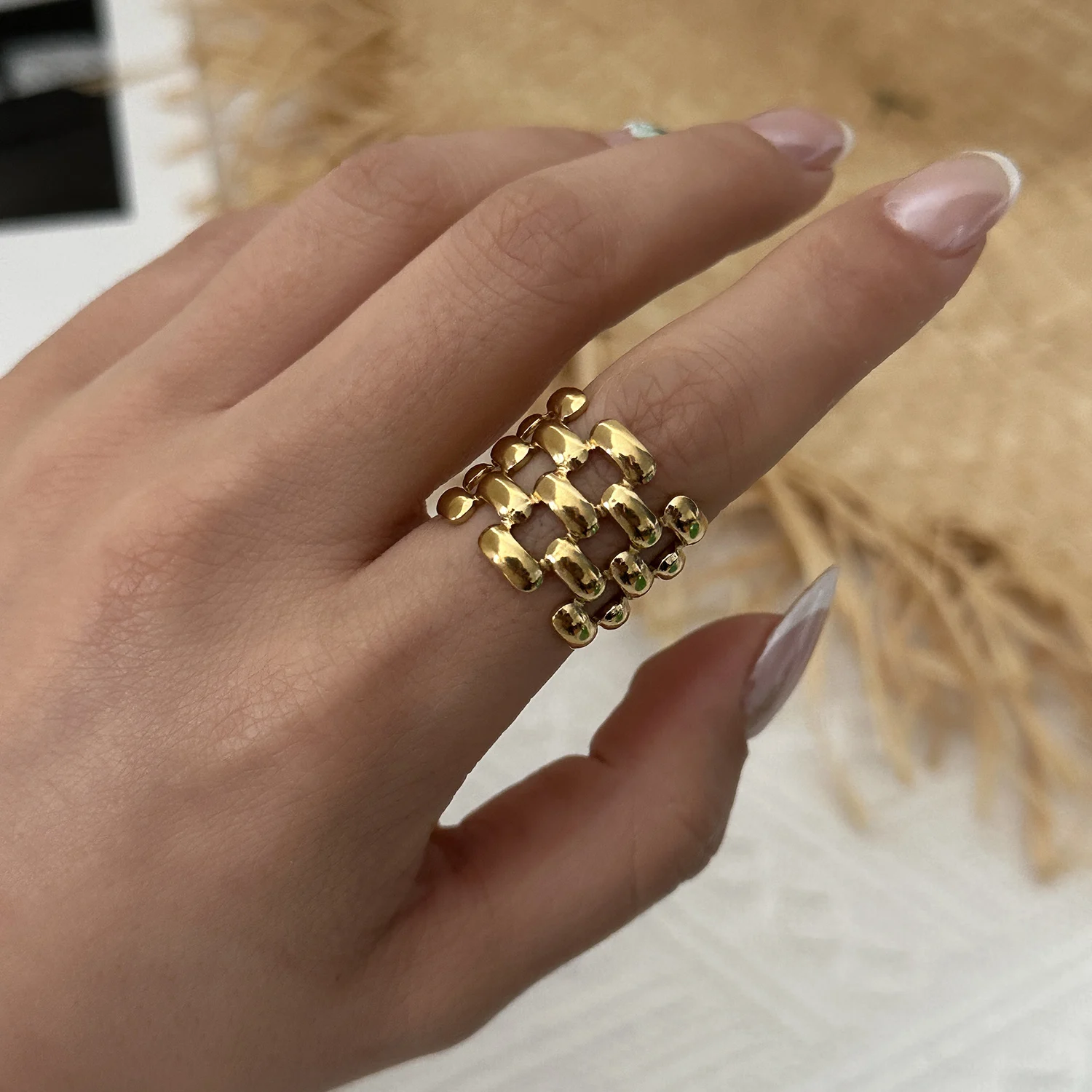 5-teiliges Vintage-Set mit Blatt-Textur Edelstahl-Ringe in Goldton für Frauen, Stapelbare Boho-Statement-Ringe für den Alltag, Eleganter Natur-Schmuck – Detail 9