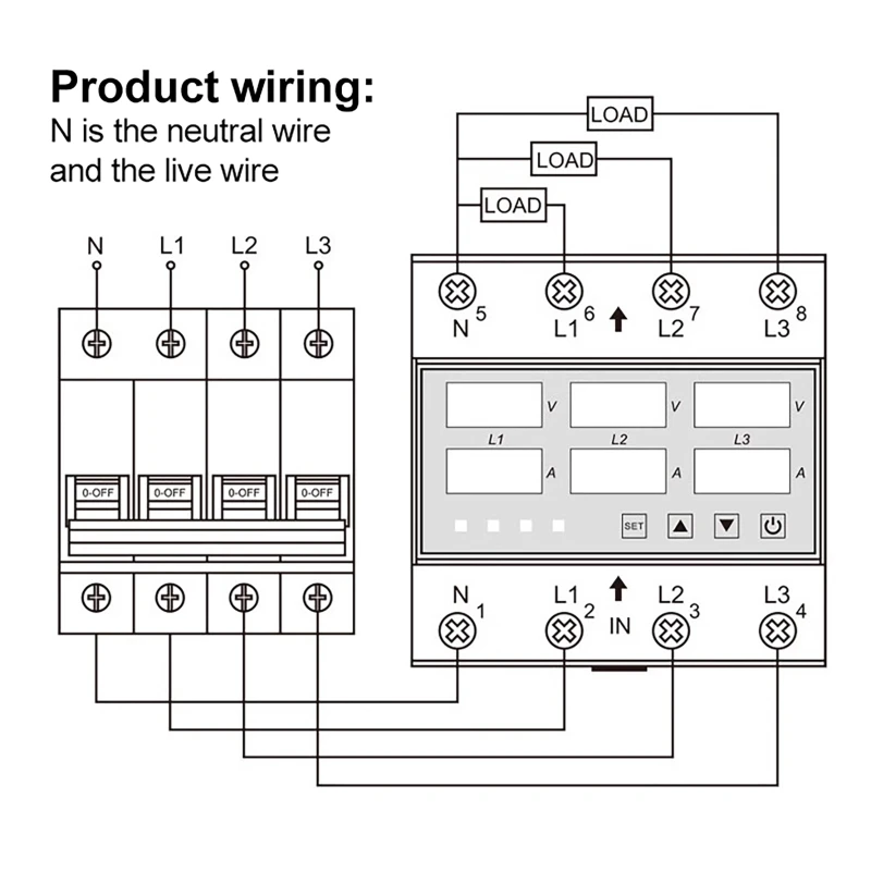 3-fase over- en onderspanningsbeveiliging Verstelbare overstroombeveiliging Din-rail Voltmeter Ampèremeter Relaisbeschermer 63A / 100A