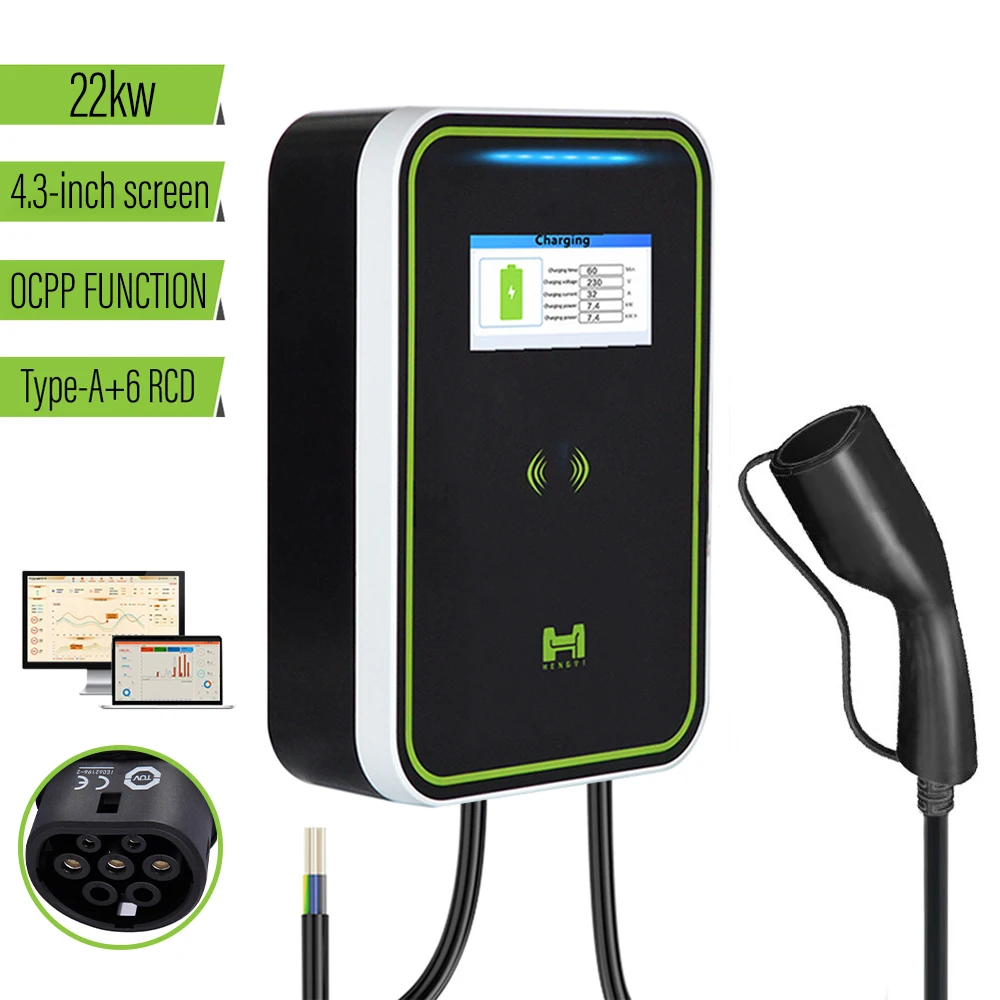 22kw 380V 3 Phase AC Type2 EV Charger Station with 4G+Ethernet+MID,4.3inches screen OCPP 1.6 commercial EVSE