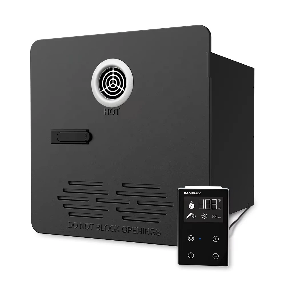 CAMPLUX RS264B 65K BTU Black RV Tankless Water Heater Copper Heat Mixing Tank 2.64GPM Door Remote for High Altitude RVers