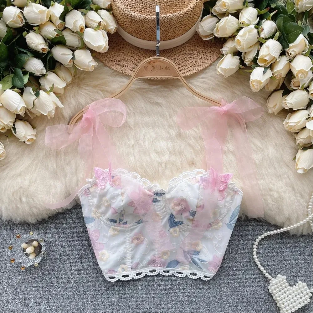 Chic Sweet Bandage Embroidery Camis French Fashion Tank Top Basic Slim Crop Top Sexy Goth Corset Bustier Summer Women Tops Ins