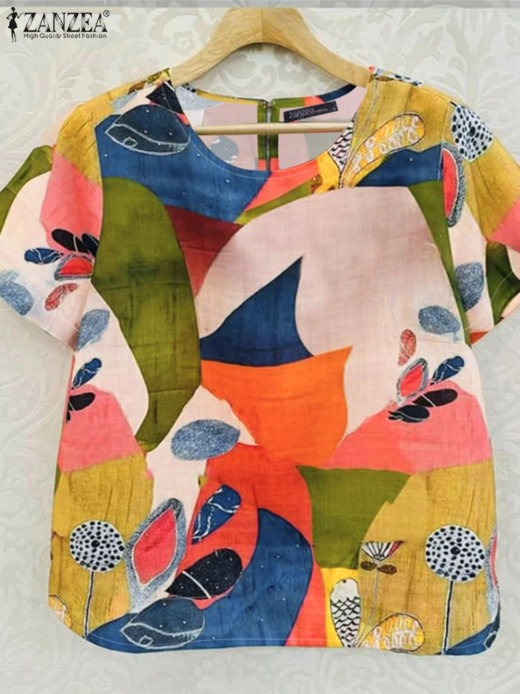 

ZANZEA Womens Fashion Floral Printed Blouses 2025 Summer Casual O-Neck Short Sleeve Blusas Mujer Day Wear Lightweight Tunic Tops