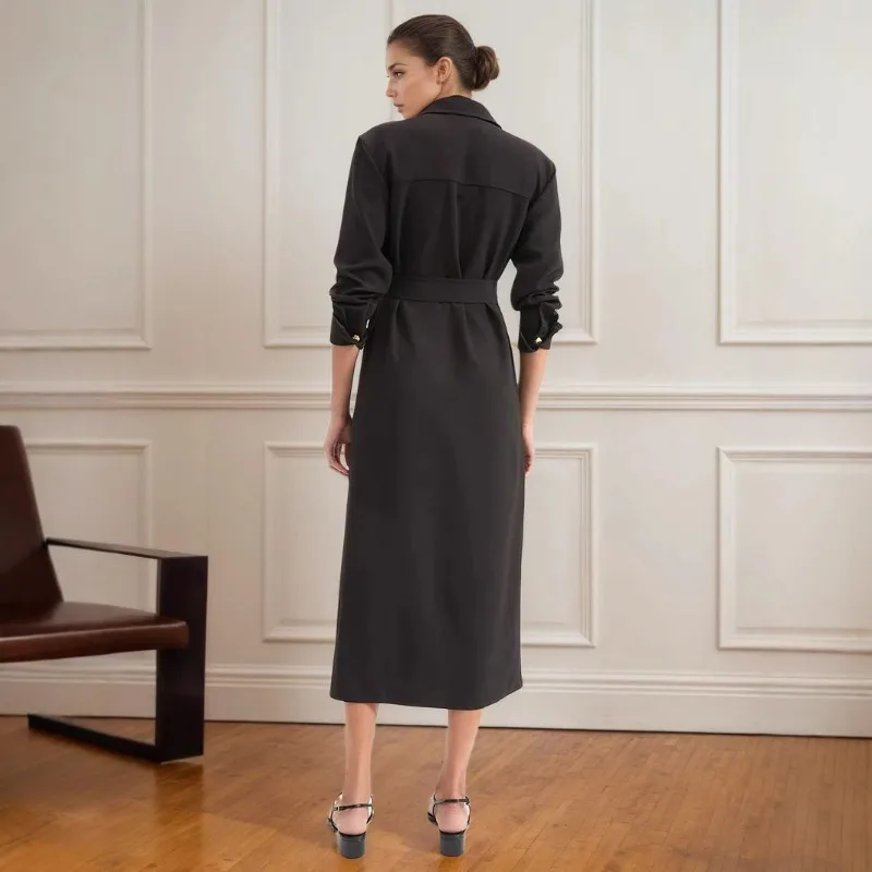 European American Fashionable Single-row Metal Buckle Exquisite Embellishment with Tooling Pocket Belt Slim Design Shirt Dress