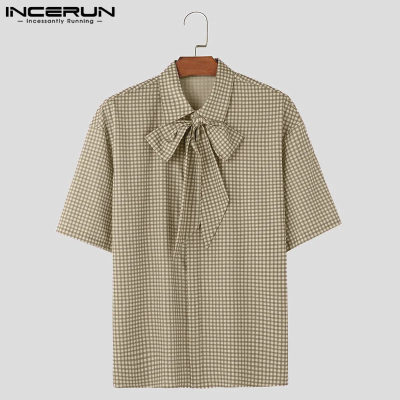 INCERUN-camisa con solapa a cuadros para hombre, ropa de calle de manga corta con cordones, informal, holgada, a la moda, S-5XL, verano, 2024