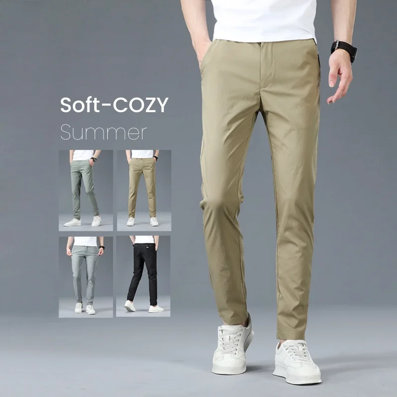 

4 Colors New Summer Men's Casual Pants Straight Elastic Breathable Ultra-thin Male Brand Clothing Slim Fit Suit Trousers