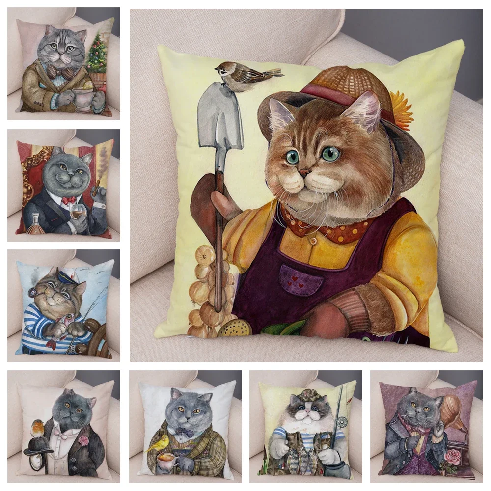 Watercolor Worker Cat Pillowcase Decorative Cartoon Animal  Cushion Cover Children Gift Sofa Home