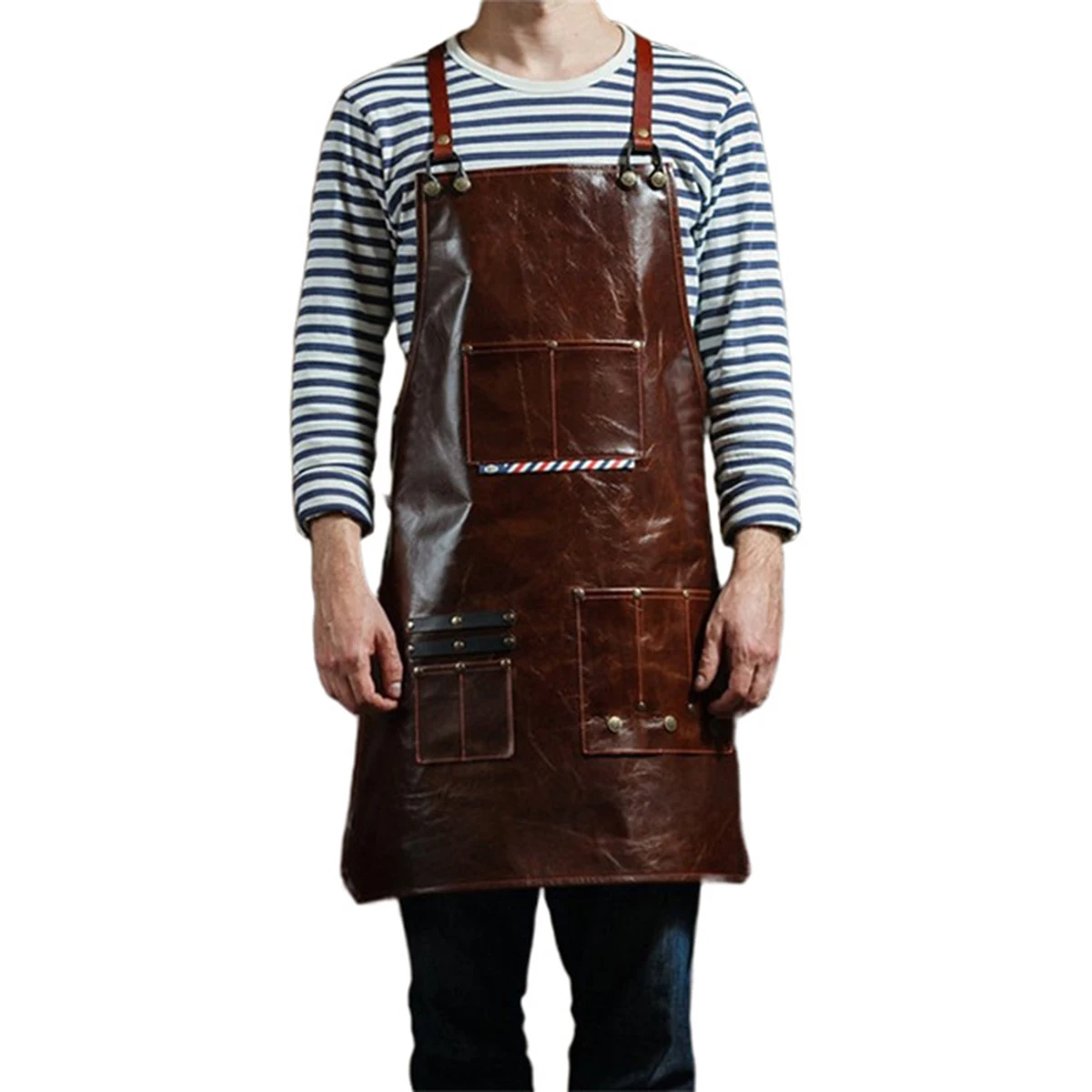Men's Leather Work Apron with Multi Pockets Barber Coffee Shop Chef Tool Apron Adjustable Straps Durable Waterproof