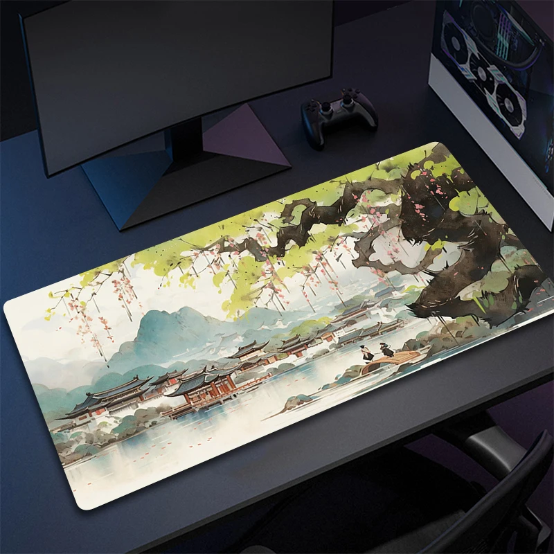 Large Desk Mat Pink Chinese Painting landscape Mousepad Gamer Accessories Mouse Mat Rubber Big Mouse Pad Computer Keyboard Pads