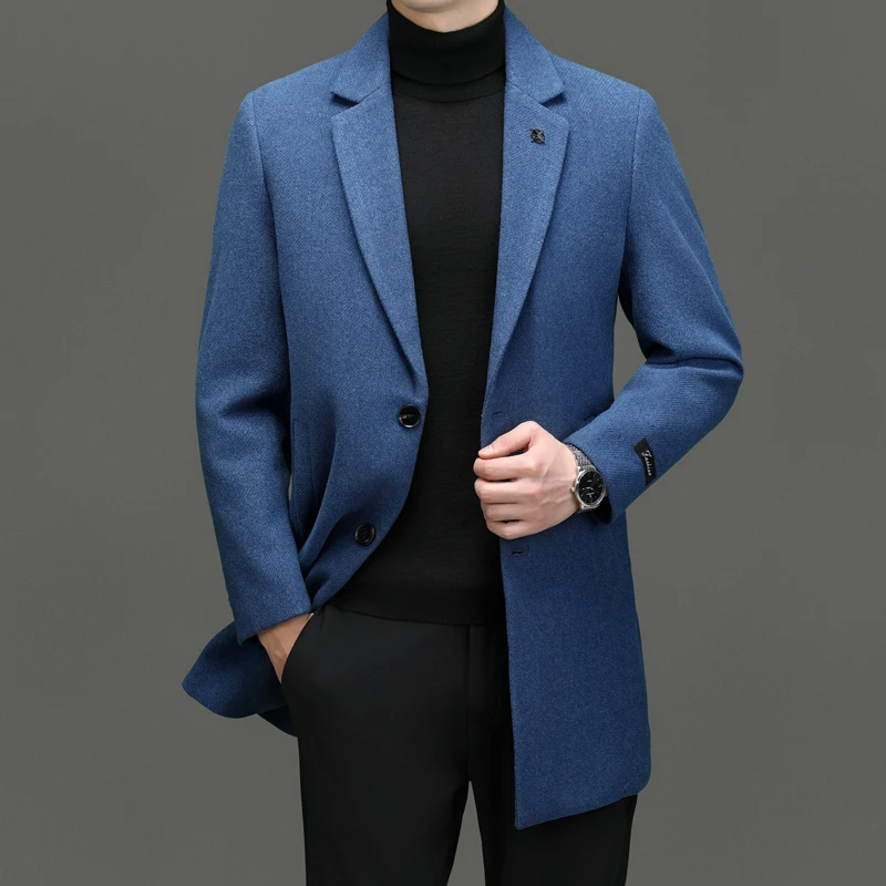 

Men Sheep Wool Coat Blue Black Brown Woolen Blended Overcoat Back Slit Design Male Business Casual Outfits Winter Garment 2024