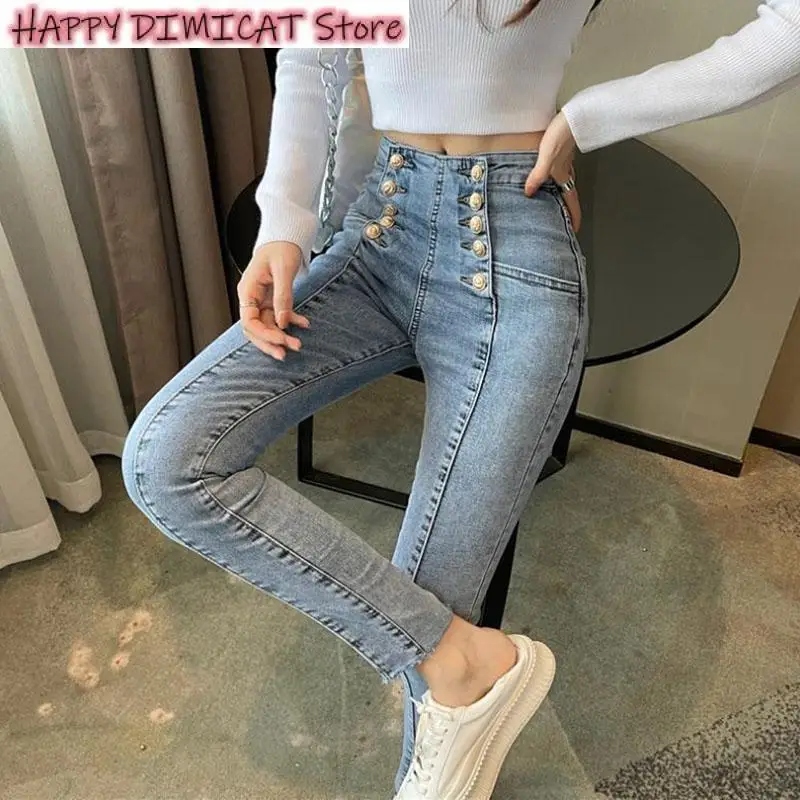 

Women's High Waist Washed Jeans, Korean Style Skinny Jeans, Double Breasted Design Trousers, Elastic, Summer Fashion