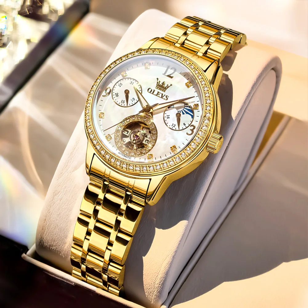 

OLEVS 6750 Автоматические женские часы из нержавеющей стали с полым циферблатом, фазами Луны, хронографом, роскошным безелем и бриллиантами, механические наручные часы для женщин