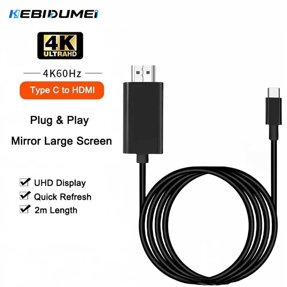 KEBIDUMEI USB C Type C to HDMI Cable Adapter 4K 60Hz High Speed Ethernet HDMI-compatible Cable for Projector Smart TV Stick