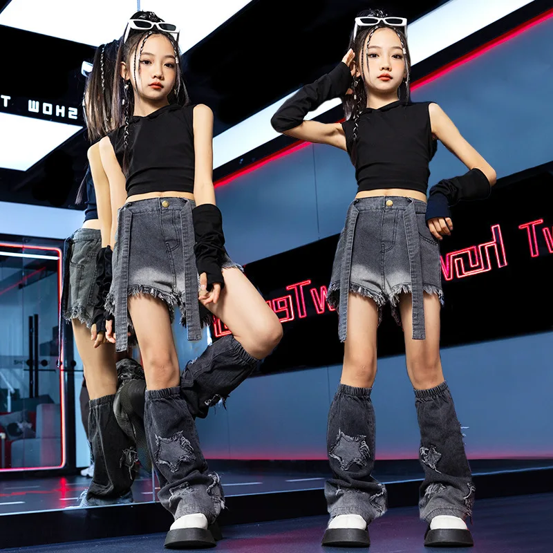 Teen Girls Performance Set Summer 2024 Black Personality Sexy Group Hip-hop Dance Costume 4 To 16 Years School Children Clothing