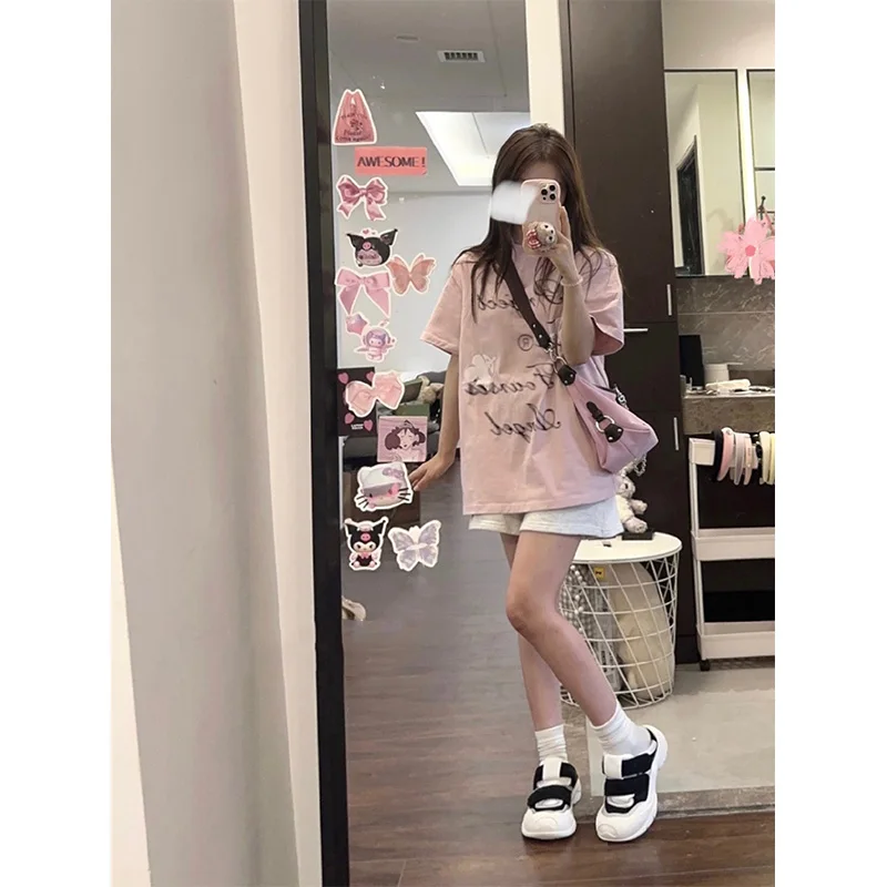 الرجعية الأمريكية الوردي إلكتروني طباعة ort Sve تي شيرت المرأة الصيف العصرية فضفاضة شيك هونغ كونغ Sle f Sve الأعلى #1