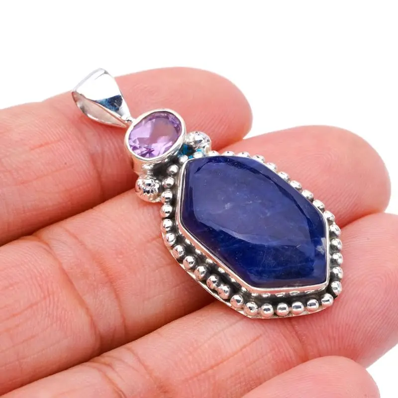 

StarGems® Natural Sodalite Amethyst Handmade 925 Sterling Silver Pendant 1.75" F4455