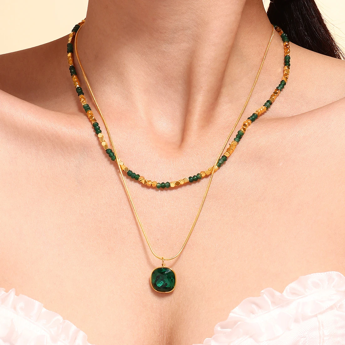 Colar com pingente quadrado verde para mulheres, aço inoxidável, pedras naturais, impermeável banhado a ouro, charme de luxo Jóias, charme da moda